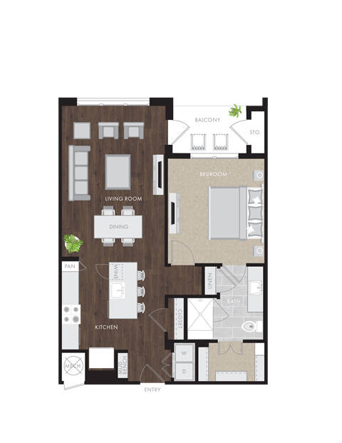Floor plan for 1 bed, 1 bath, 853 sqft